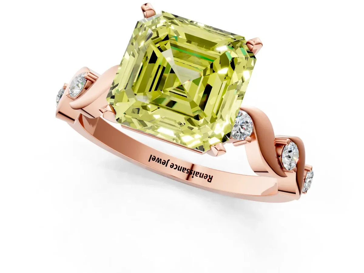 Fancy Yellow Asscher Cut Diamond Solitaire Twisted Band with Round Accents and Prong Setting Rose gold