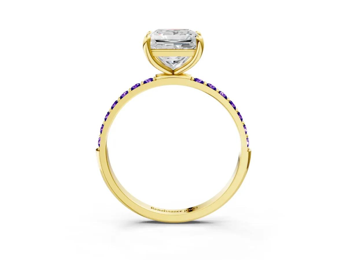 Princess Cut Diamond Solitaire Ring with Round Tanzanite Pavé Band and Prong Setting Yellow gold