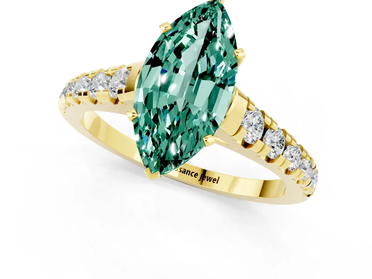 Marquise Cut Green Sapphire Cathedral Solitaire Ring with Round Pavé Band Yellow gold