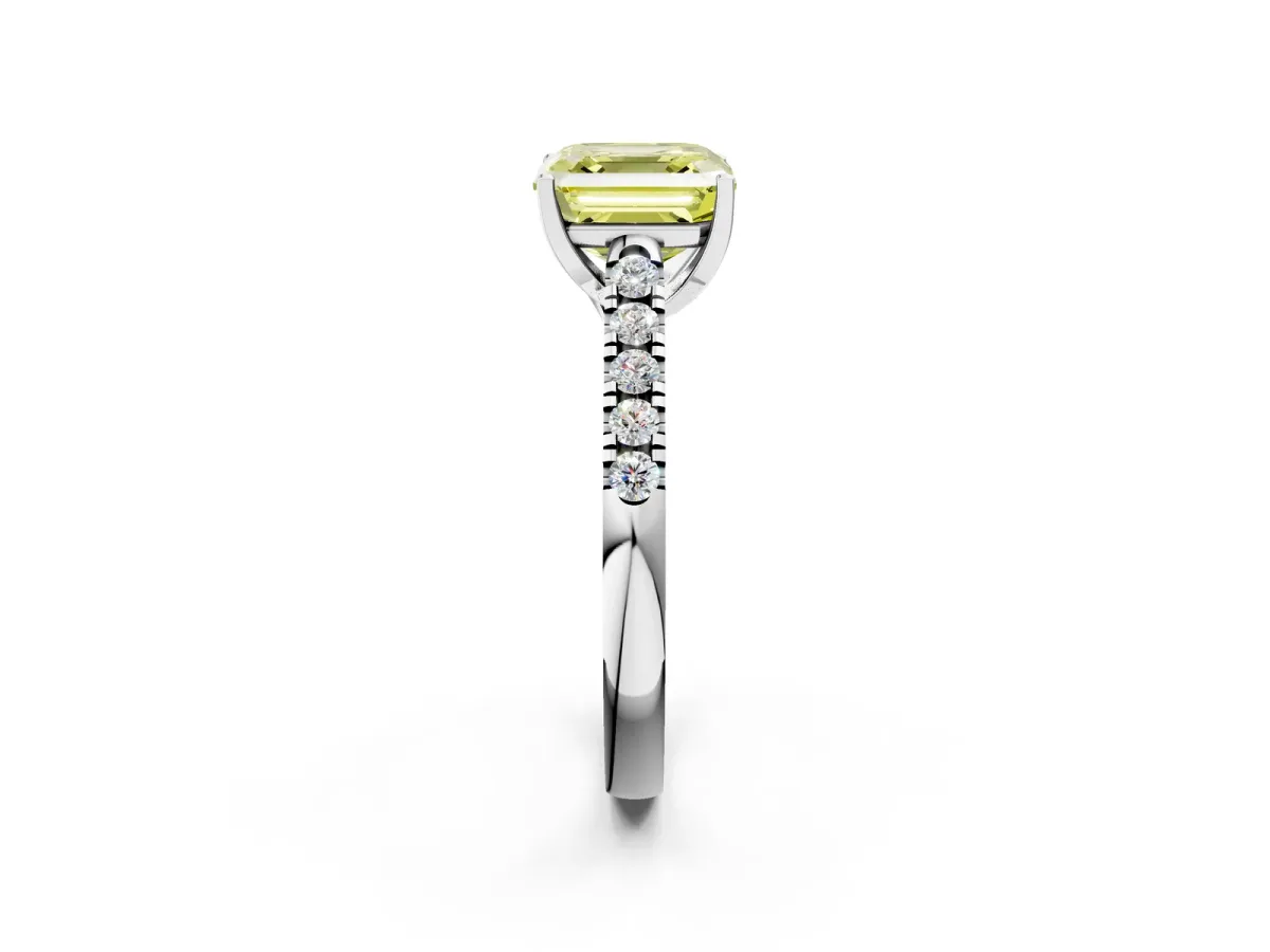 Fancy Yellow Asscher Cut Diamond Pavé Band Solitaire Ring with Prong Setting Platinum