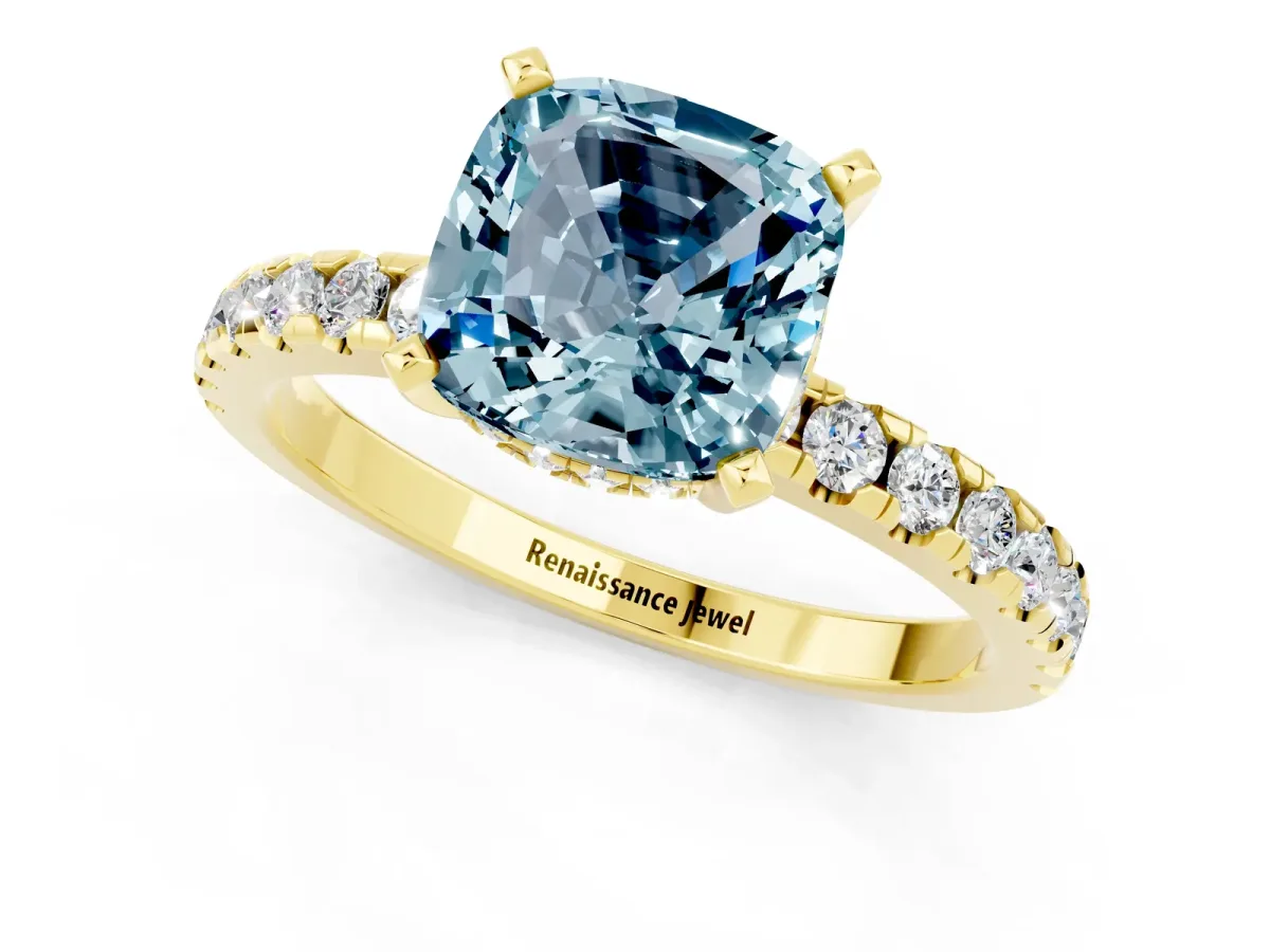 Cushion Cut Aquamarine Solitaire Ring with Round Pavé Band and Four-Prong Setting Yellow gold