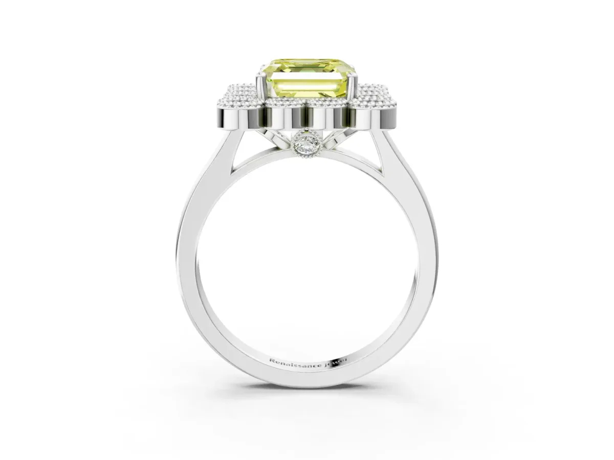 Fancy Yellow Asscher Cut Halo Diamond Cluster Engagement Ring with Milgrain Bezel Setting and Solitaire Band Platinum