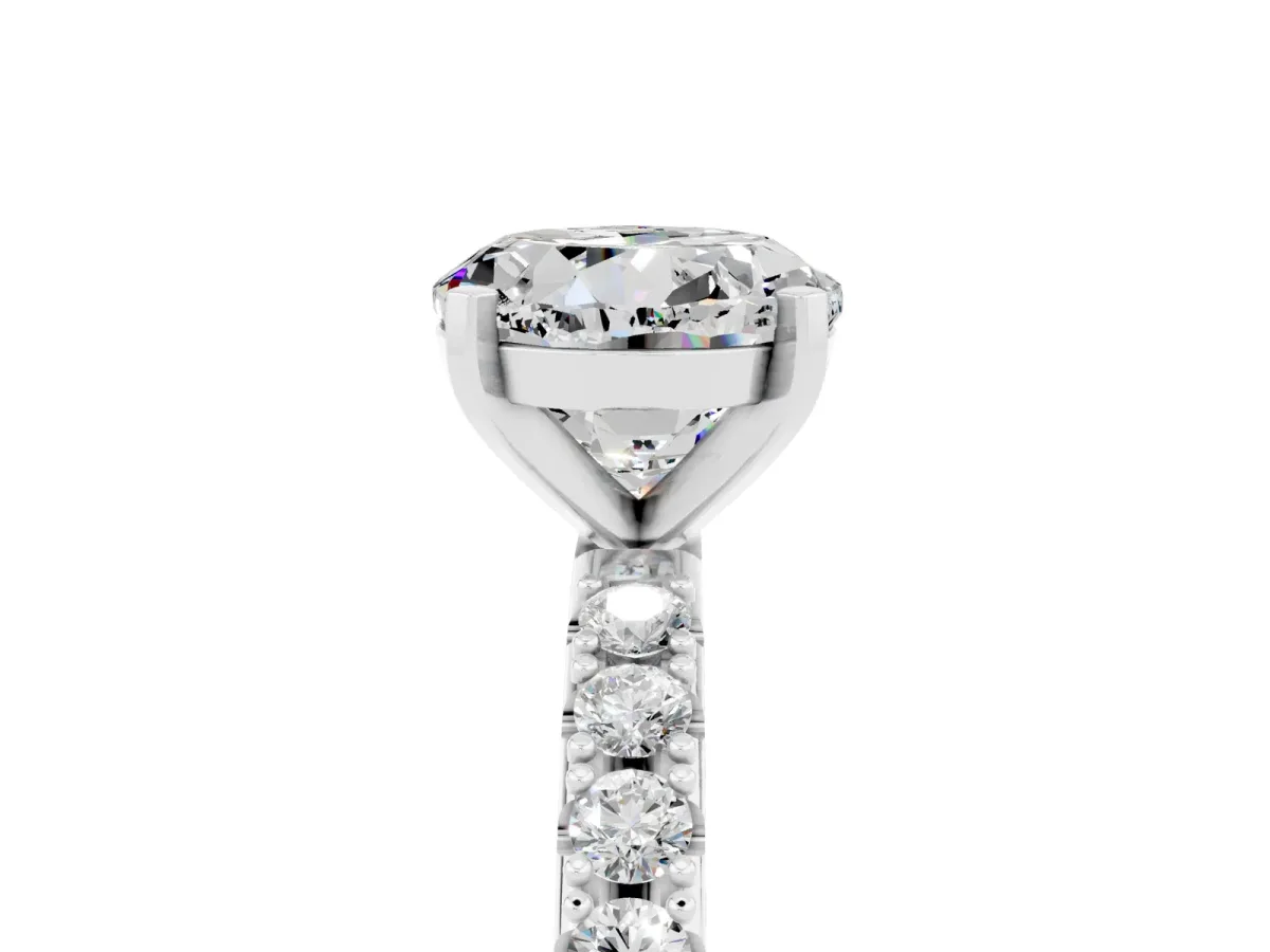 Round Cut Moissanite Solitaire Pavé Band with Four-Prong Setting Platinum