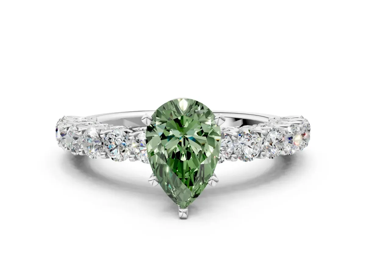 Fancy Green Pear Cut Diamond Solitaire Ring with Shared Prong Pavé Band and Four-Prong Setting Silver
