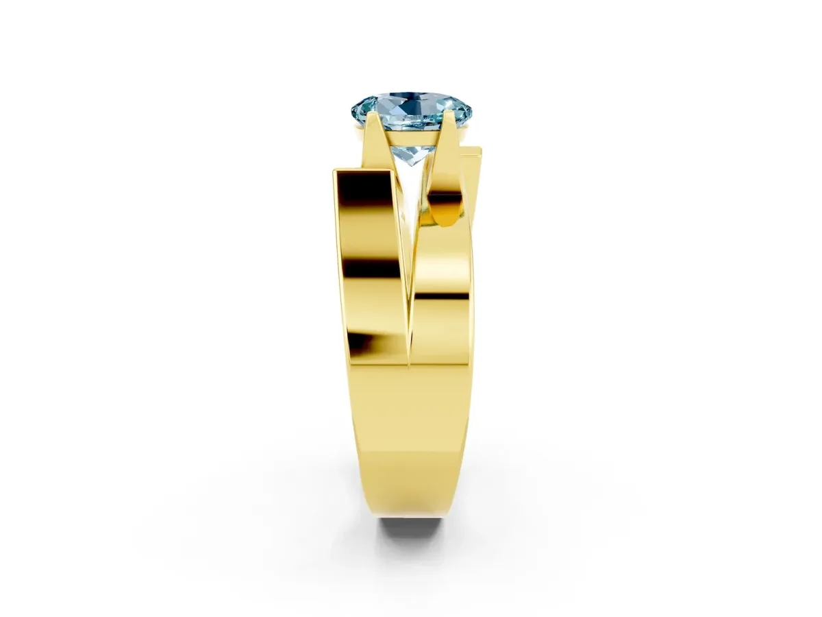 Modern Tension Set Round Cut Aquamarine Solitaire Wide Band Ring Yellow gold