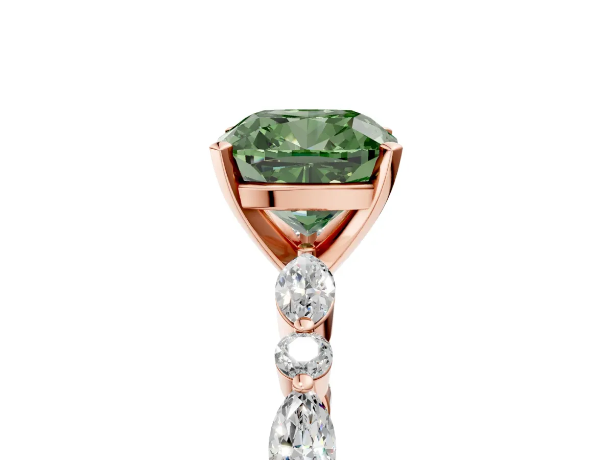 Fancy Green Cushion Cut Diamond Ring with Marquise and Round Side Stones and Four-Prong Setting Rose gold
