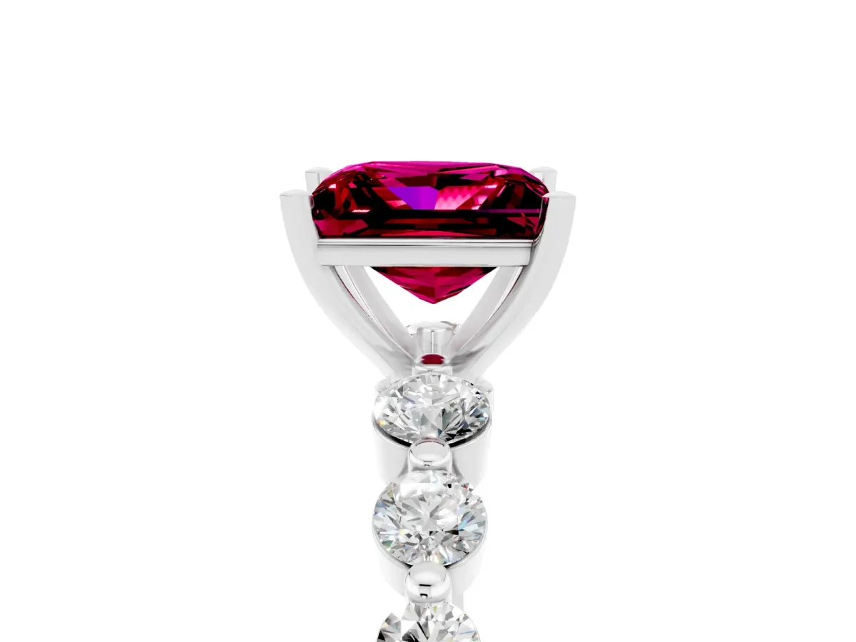 Princess Cut Solitaire Garnet Ring with Pave Band and Four-Prong Setting Platinum