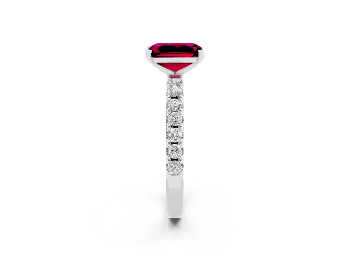 Emerald Cut Garnet Solitaire Pavé Band with Four-Prong Setting White gold