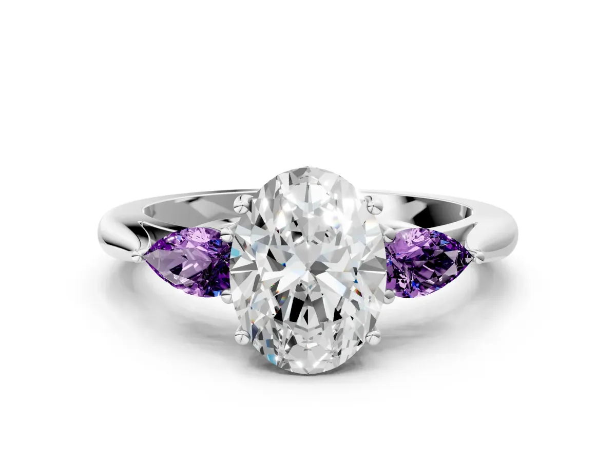 Oval Cut Diamond Three-Stone Ring with Pear Amethyst Side Stones and Prong Setting Silver