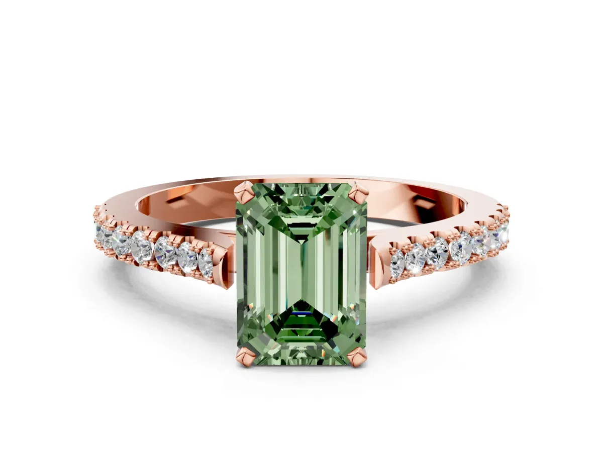 Fancy Green Emerald Cut Cut Solitaire Diamond Engagement Ring with Pave Band and Four-Prong Setting Rose gold