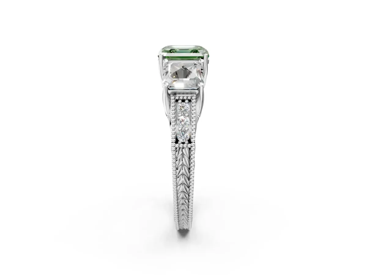 Fancy Green Three-Stone Asscher Cut Cut Milgrain Pavé Engagement Ring Platinum