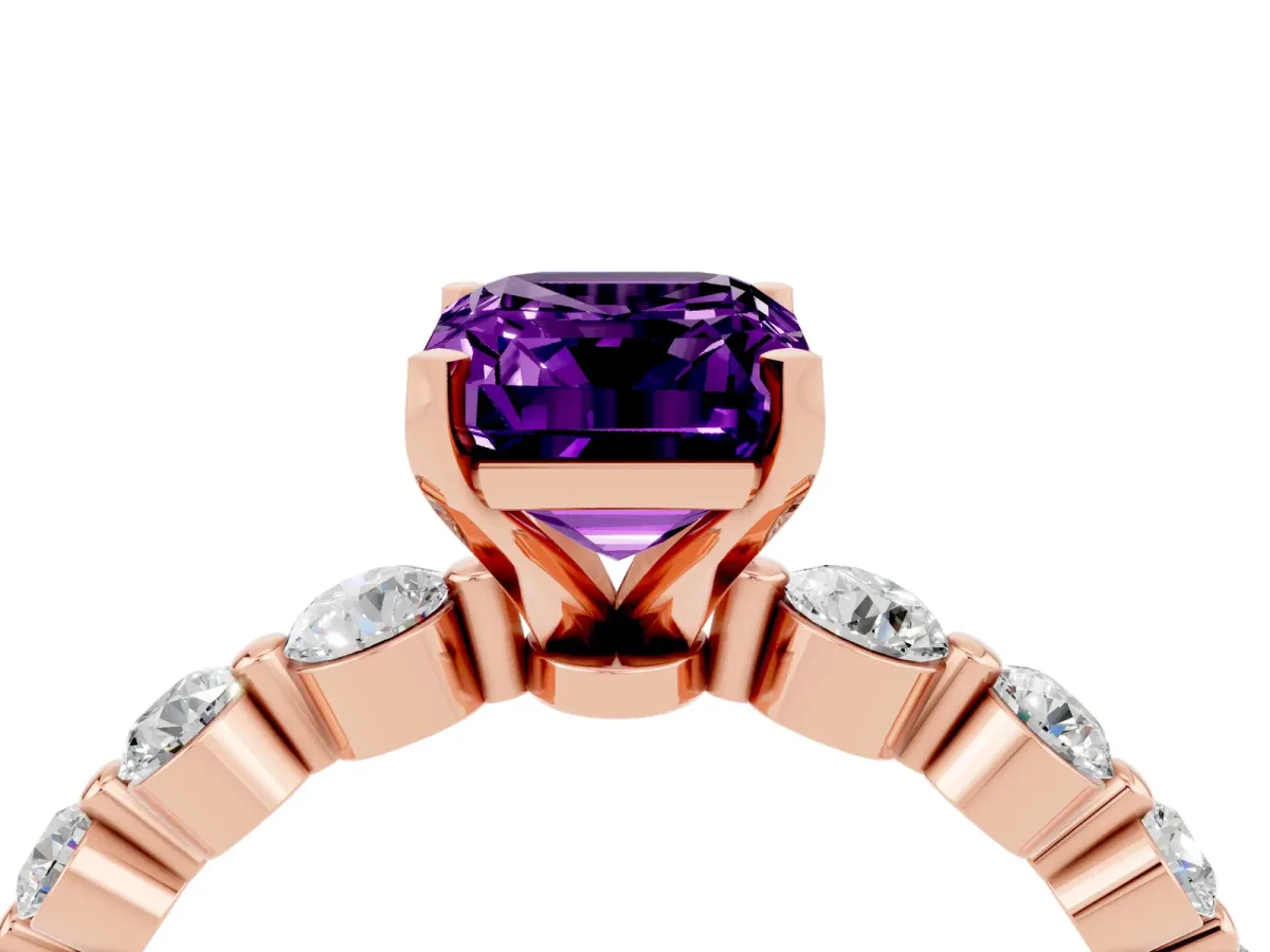 Emerald Cut Solitaire Amethyst Ring with Pave Band and Four-Prong Setting Rose gold