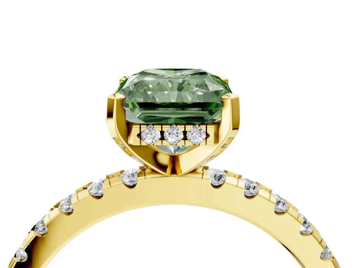 Fancy Green Radiant Cut Diamond Solitaire Ring with Round Pavé Band and Four-Prong Setting Yellow gold