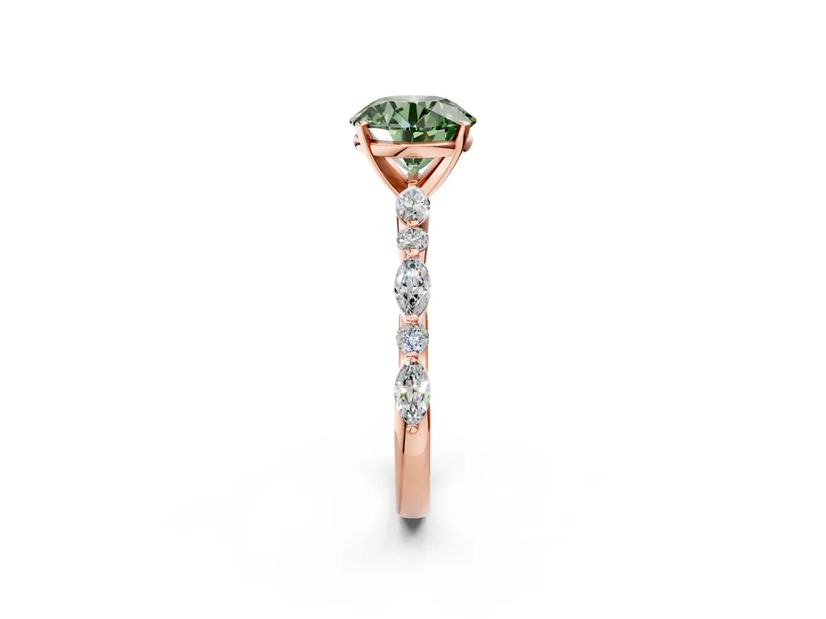 Fancy Green Round Cut Diamond Ring with Marquise and Round Side Stones and Four-Prong Setting Rose gold