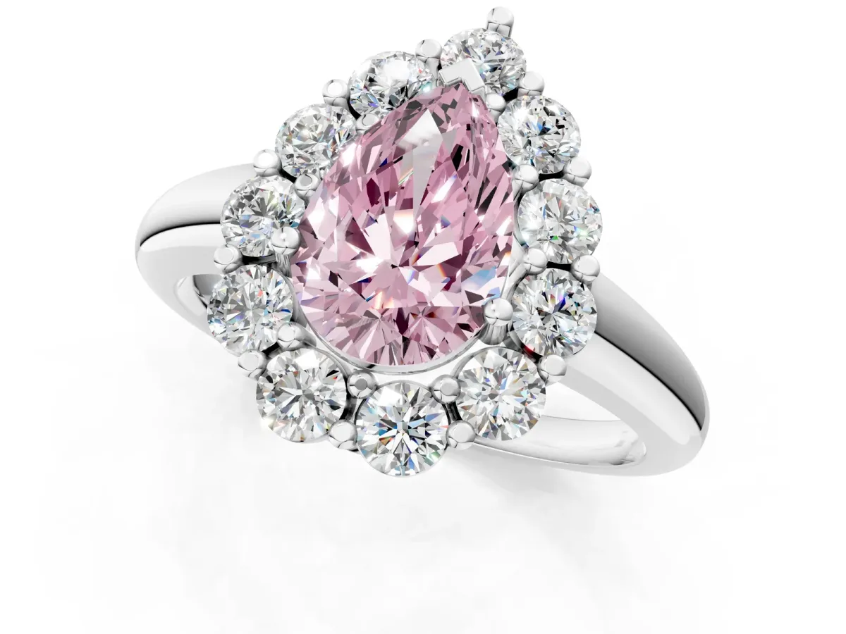 Fancy Pink Pear Cut Halo Cluster Diamond Engagement Ring with Prong Setting and Polished Band White gold