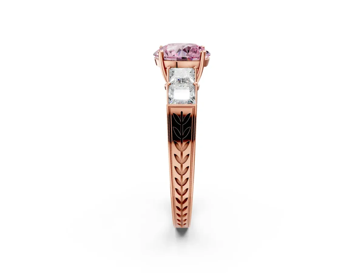 Fancy Pink Round Cut Solitaire Princess Side Stone Engraved Band Prong Setting Ring Rose gold