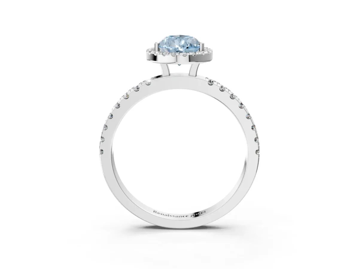 Fancy Blue Pear Cut Diamond Classic Halo Engagement Ring with Round Pavé Band and Prong Setting White gold