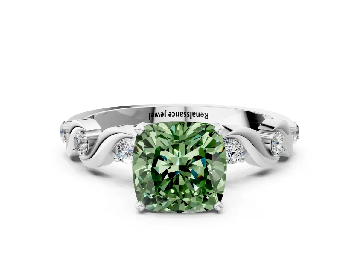 Fancy Green Cushion Cut Diamond Solitaire Twisted Band with Round Accents and Prong Setting White gold