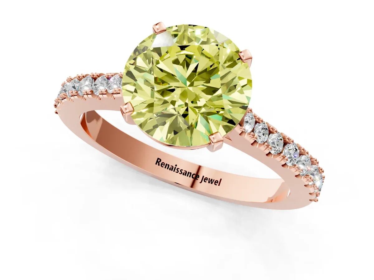 Fancy Yellow Round Cut Cut Solitaire Diamond Engagement Ring with Pave Band and Four-Prong Setting Rose gold