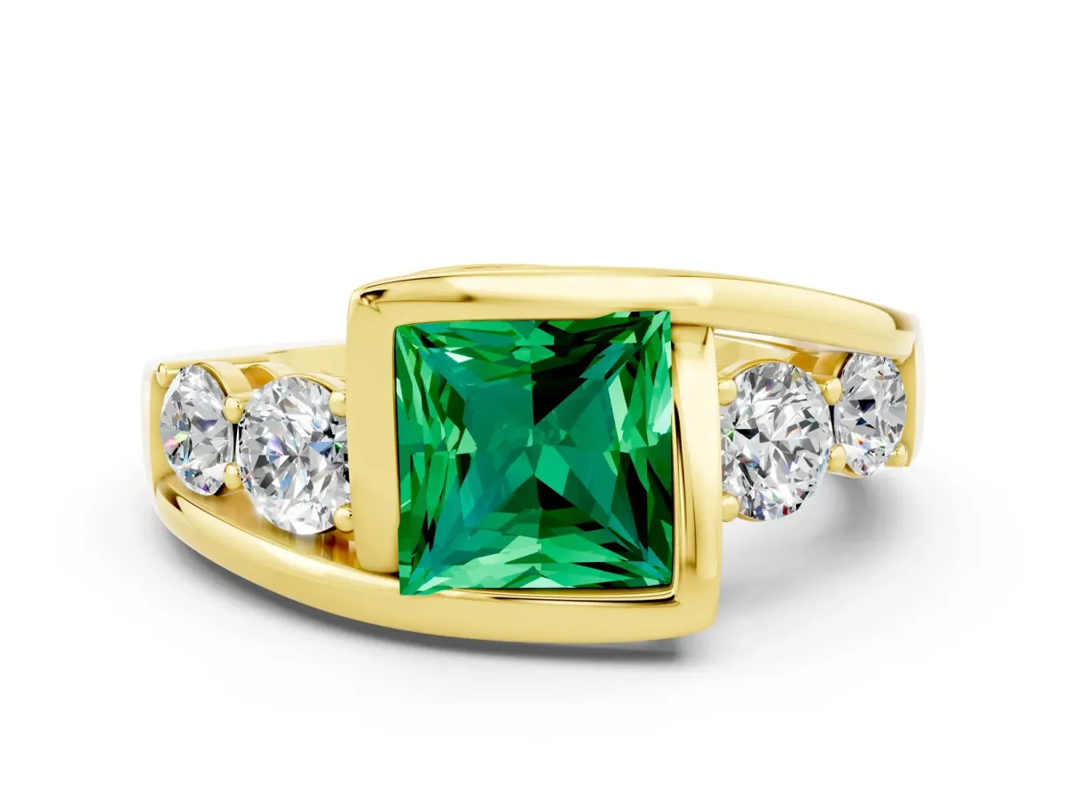 Bezel Set Princess Cut Emerald Bypass Ring with Round Accents Yellow gold