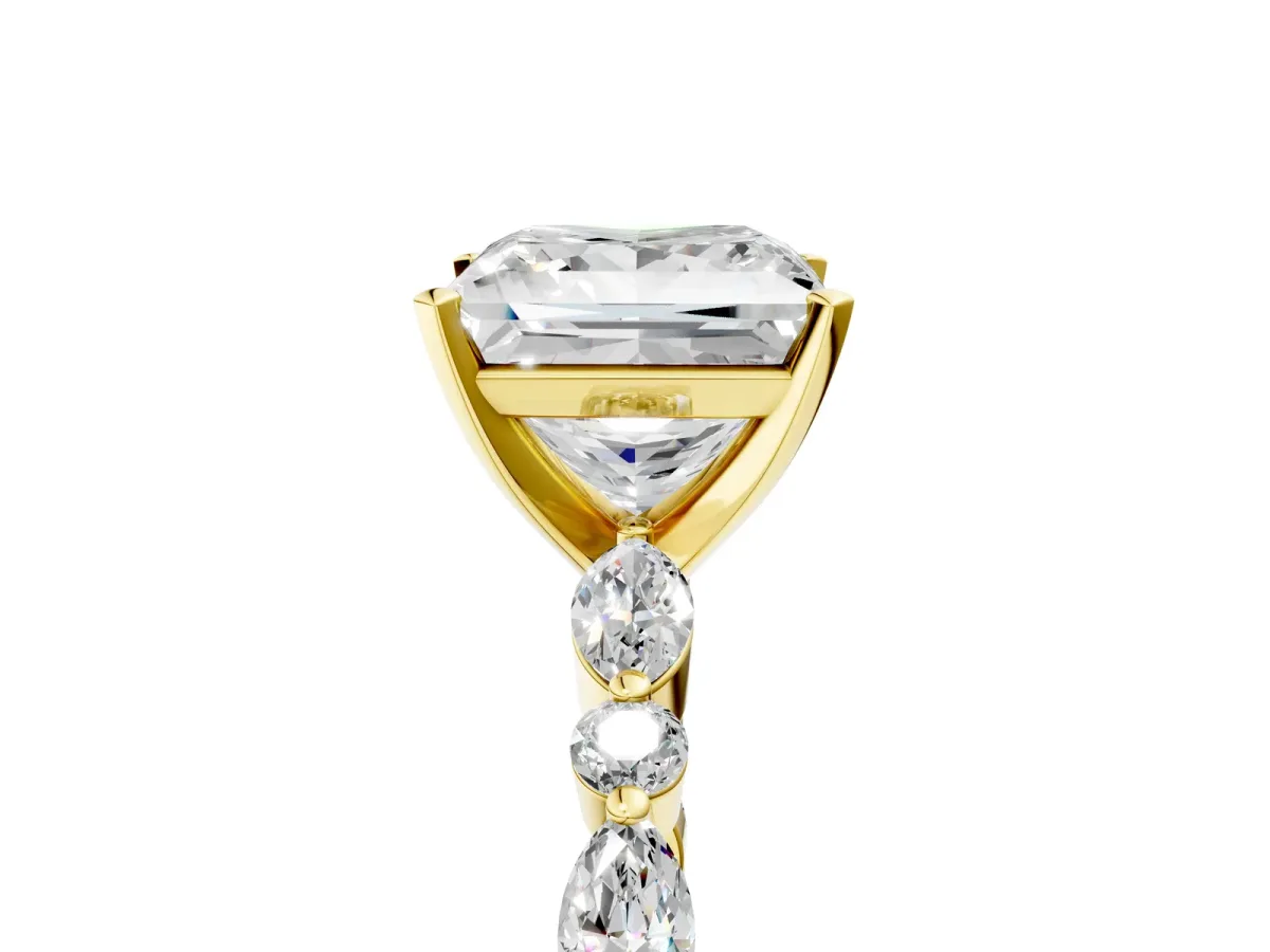 Princess Cut Diamond Ring with Marquise and Round Side Stones and Four-Prong Setting Yellow gold