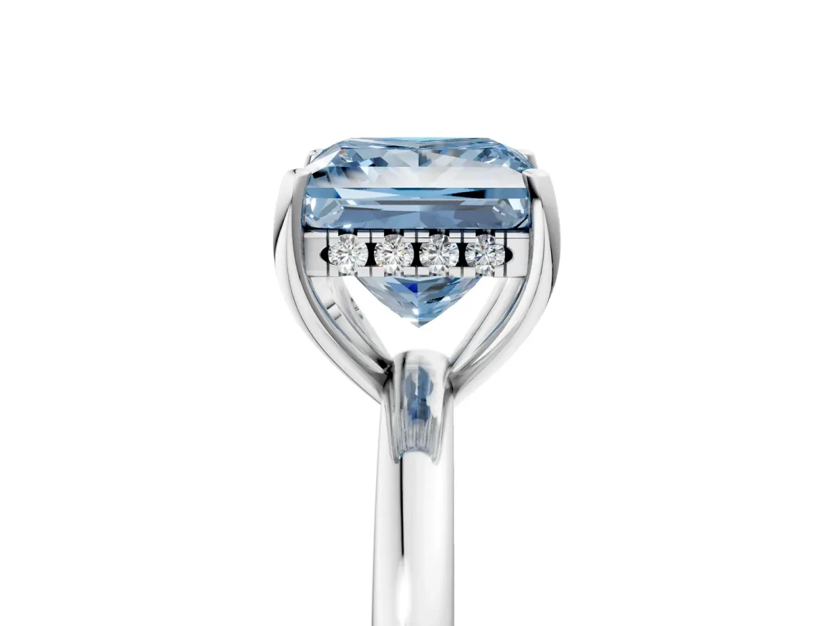 Fancy Blue Princess Cut Solitaire Diamond Ring with Prong Setting and Plain Band Silver