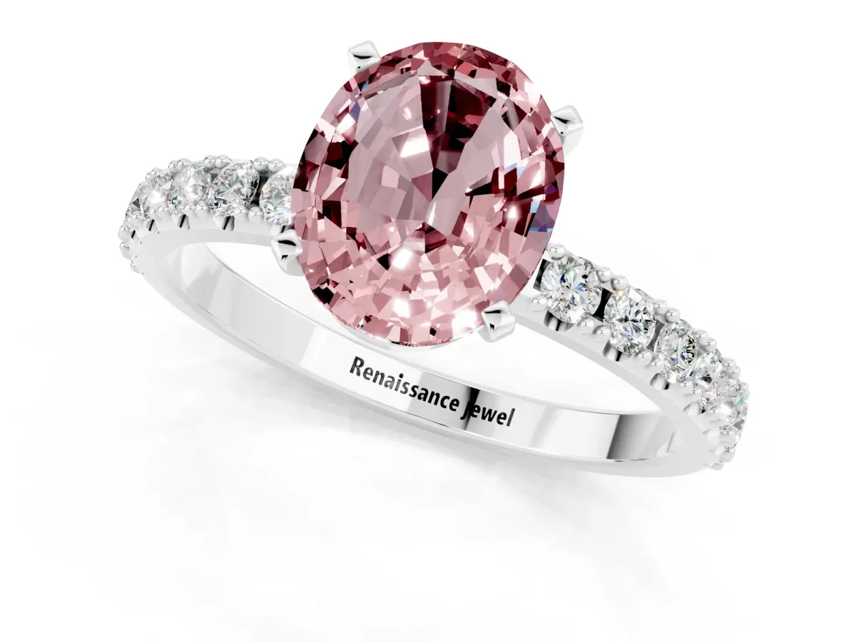 Oval Cut Morganite Solitaire Pavé Band with Four-Prong Setting Platinum