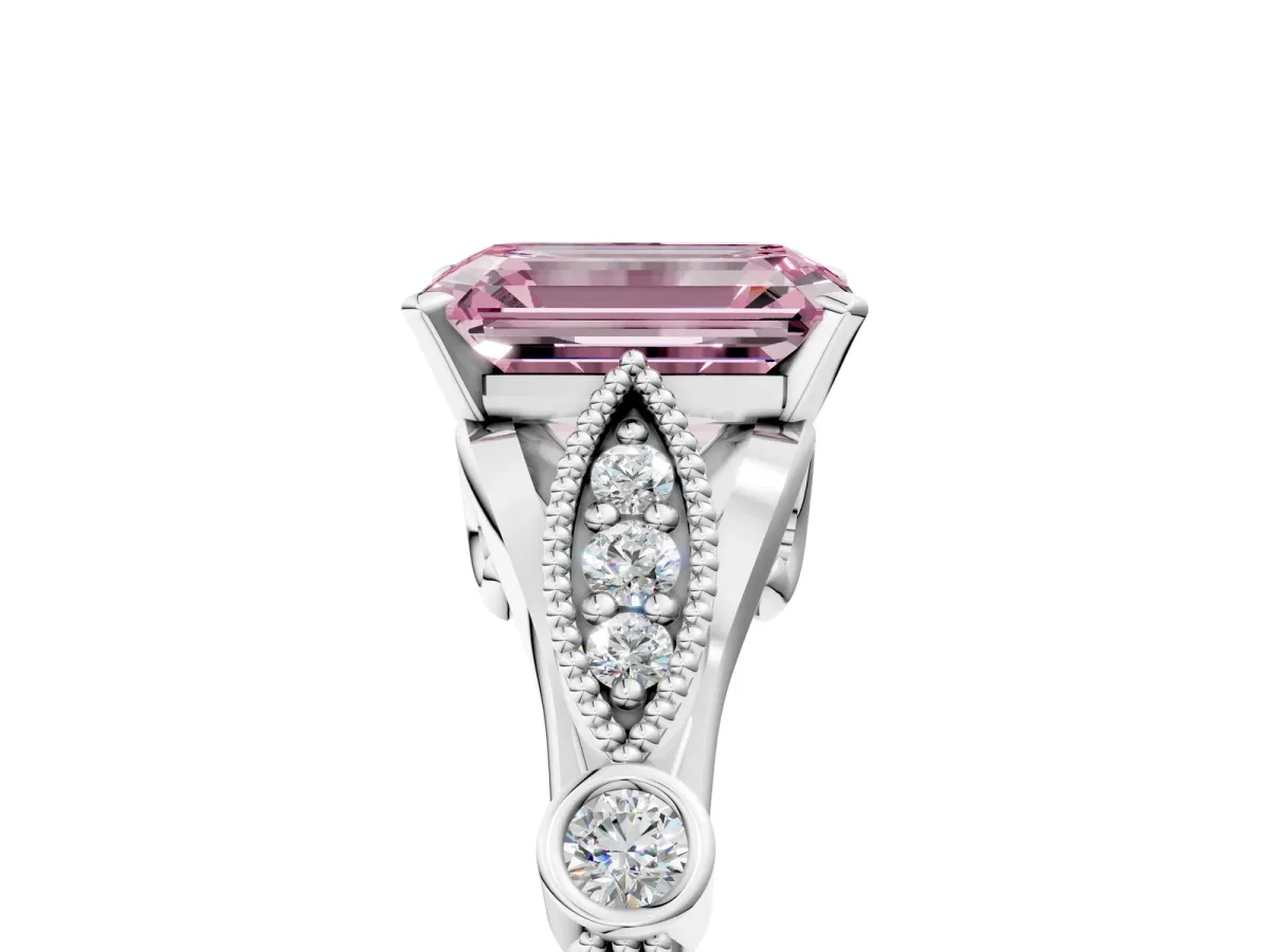Fancy Pink Emerald Cut Cut Diamond with Milgrain Marquise and Bezel Accents on a Solitaire Band with Prong Setting Silver