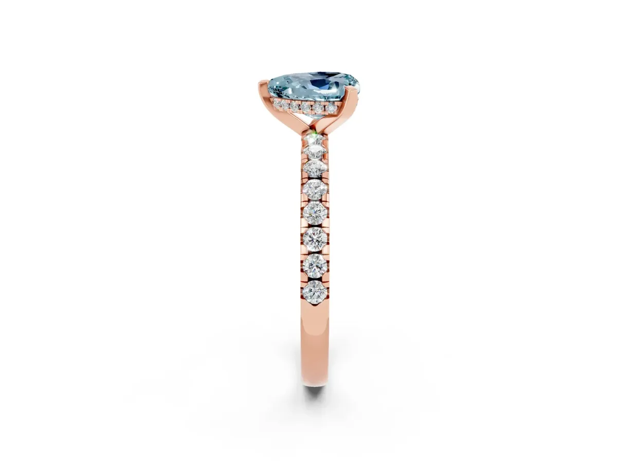 Heart Cut Aquamarine Solitaire Ring with Round Pavé Band and Four-Prong Setting Rose gold