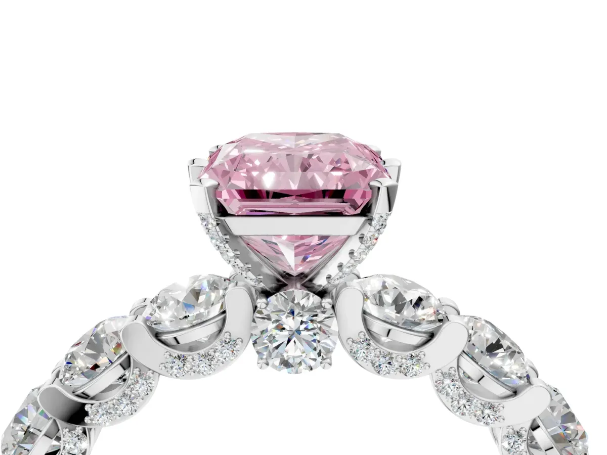 Fancy Pink Radiant Cut Diamond Side Stone Engagement Ring with Four-Prong Setting White gold