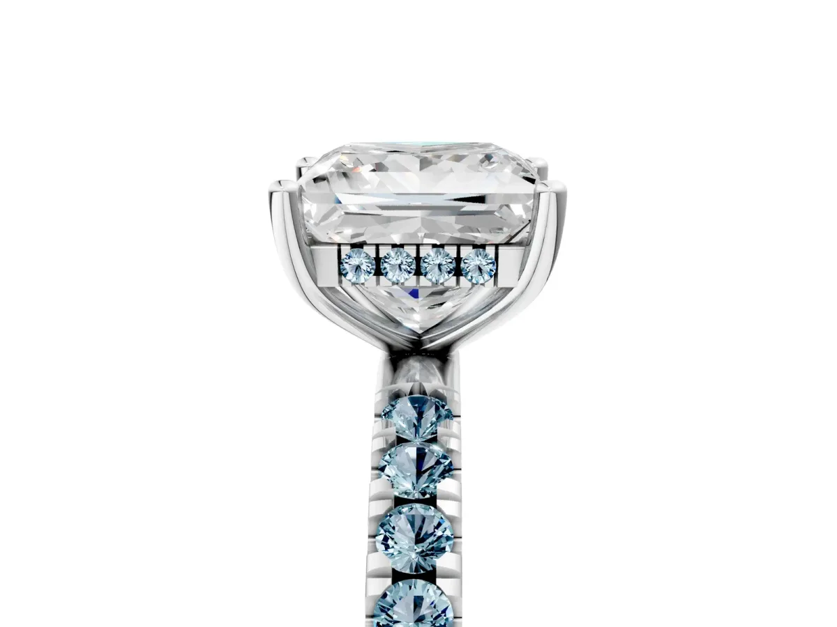 Princess Cut Diamond Pave Band Solitaire Ring with Round Aquamarine and Prong Setting White gold
