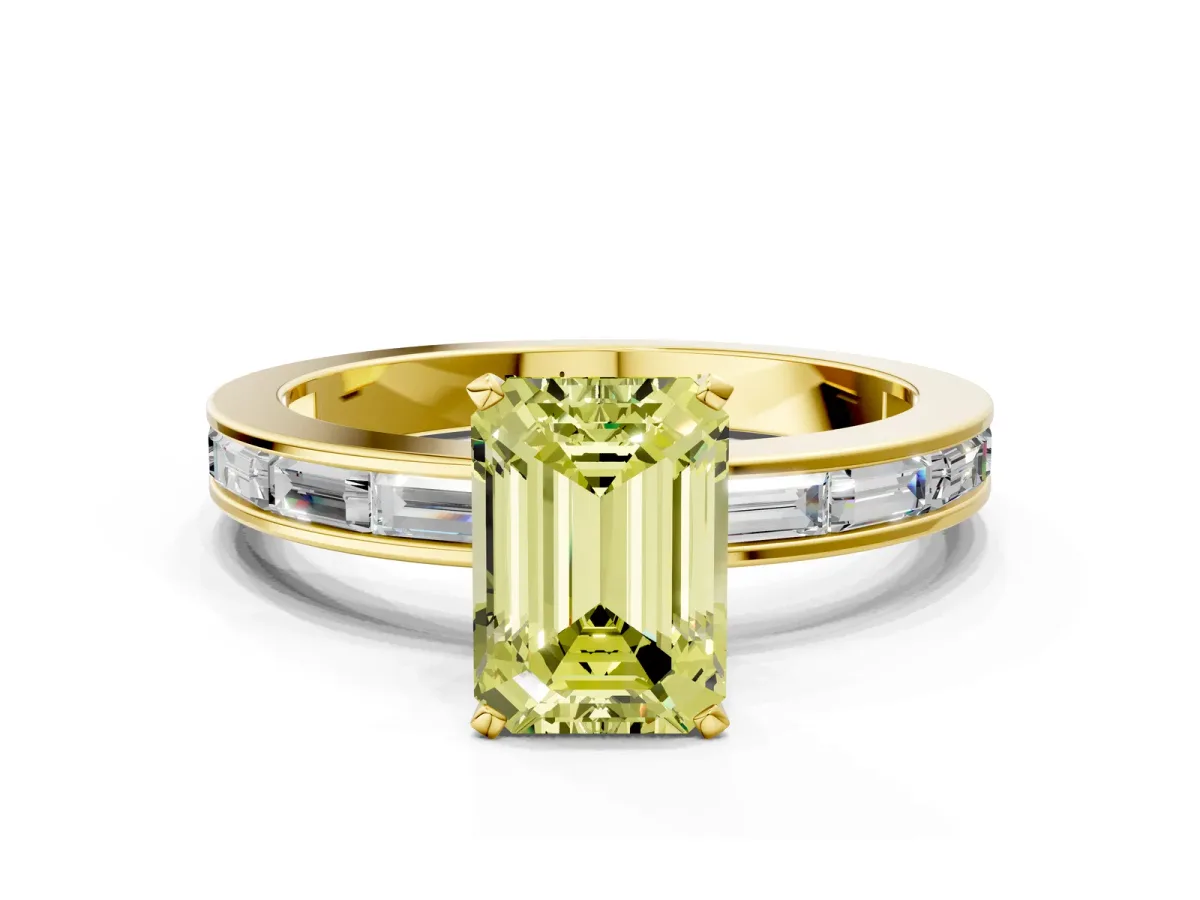Fancy Yellow Emerald Cut Solitaire Diamond Ring with Channel-Set Baguette Band and Four-Prong Setting Yellow gold