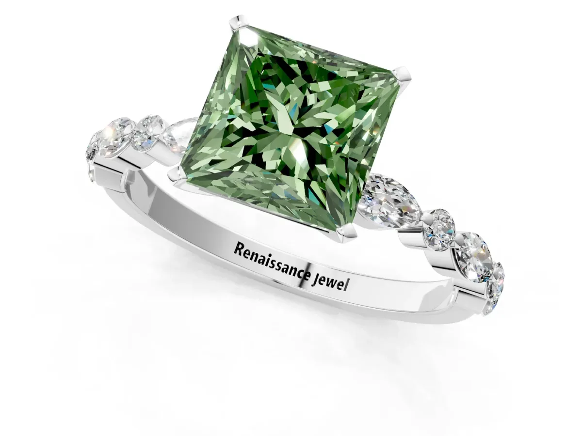 Fancy Green Princess Cut Diamond Ring with Marquise and Round Side Stones and Four-Prong Setting White gold