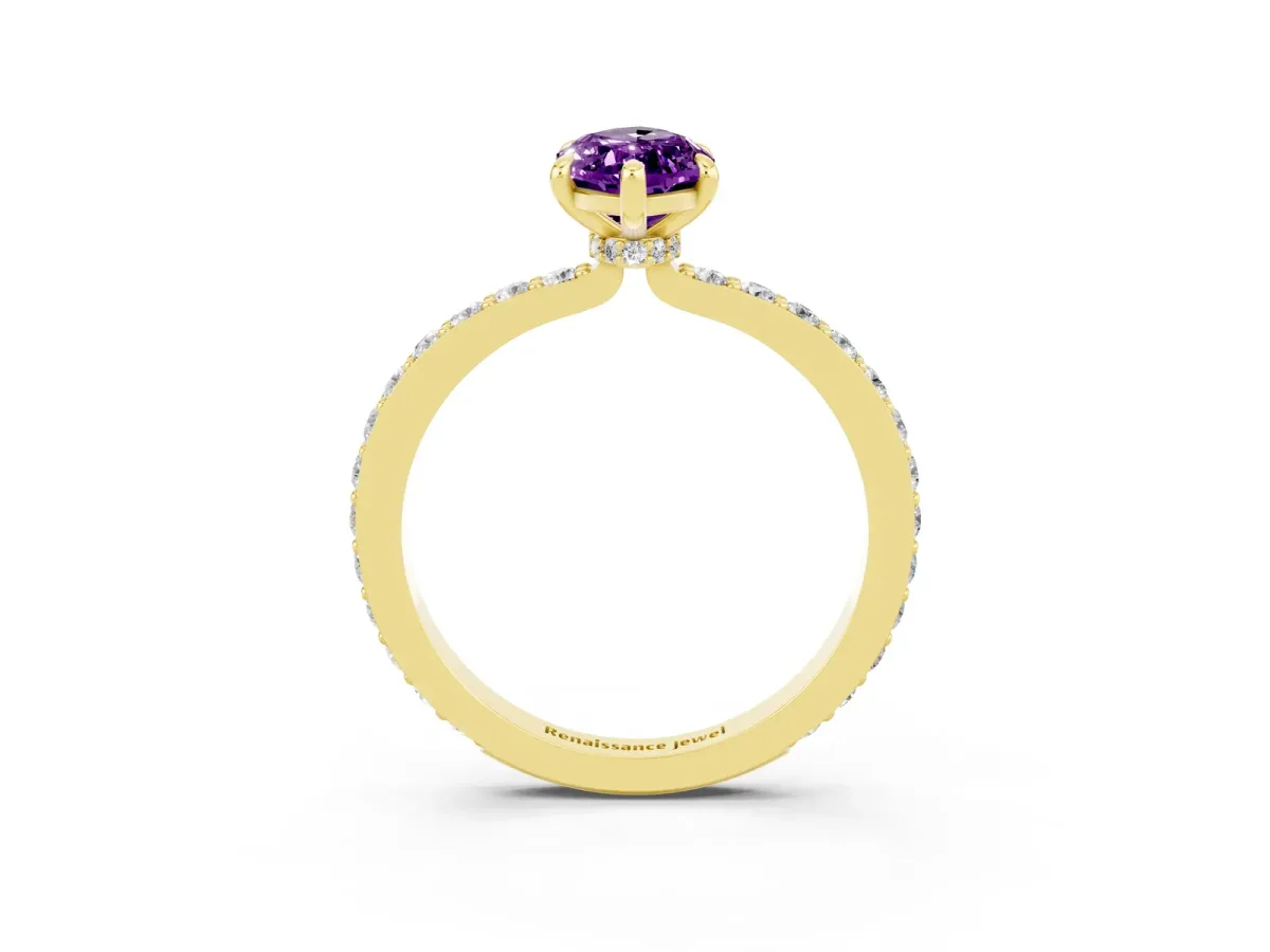 Marquise Cut Amethyst Solitaire Engagement Ring with Pavé Band and Four-Prong Setting Yellow gold