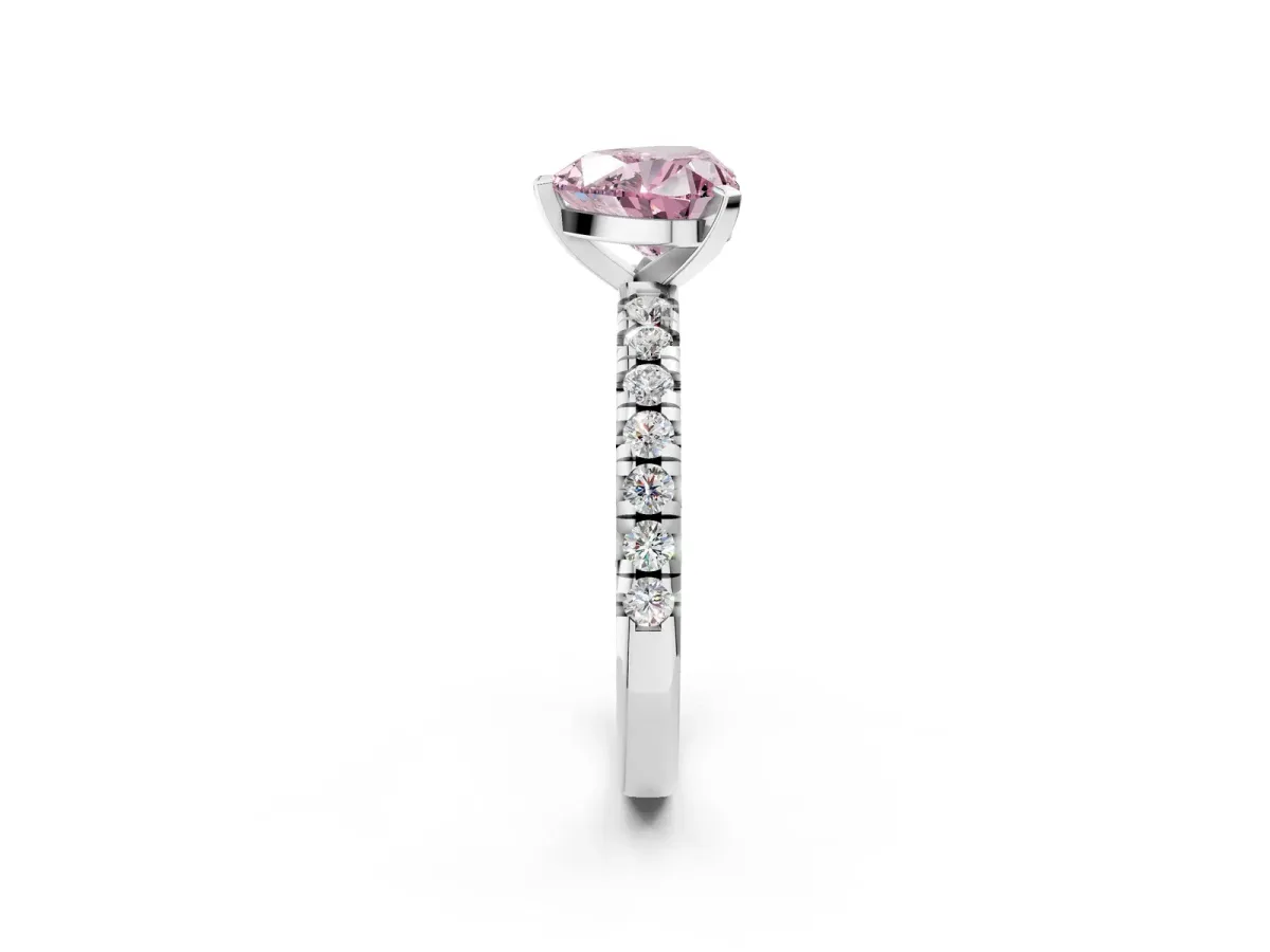 Fancy Pink Heart Cut Diamond Solitaire Pavé Engagement Ring with Round Band and Prong Setting White gold