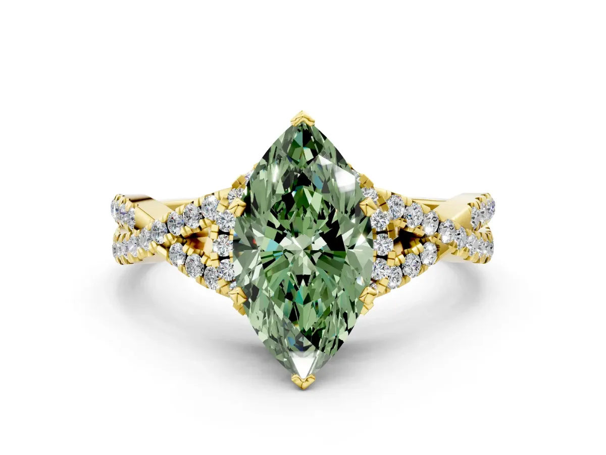 Fancy Green Heart Cut Diamond Halo Twist Band Solitaire Prong Setting Ring Yellow gold