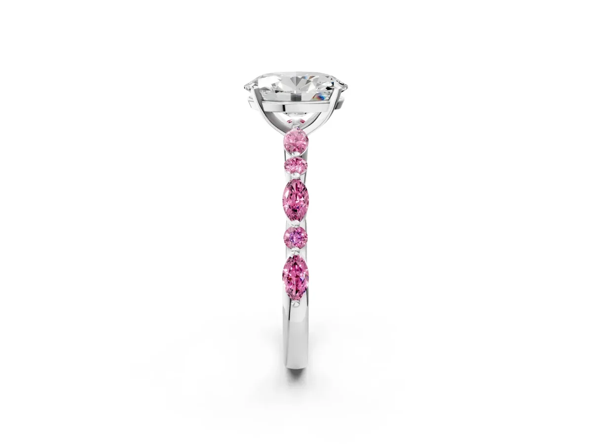 Oval Cut Diamond Ring with Marquise and Round Pink Sapphire Side Stones and Four-Prong Setting White gold