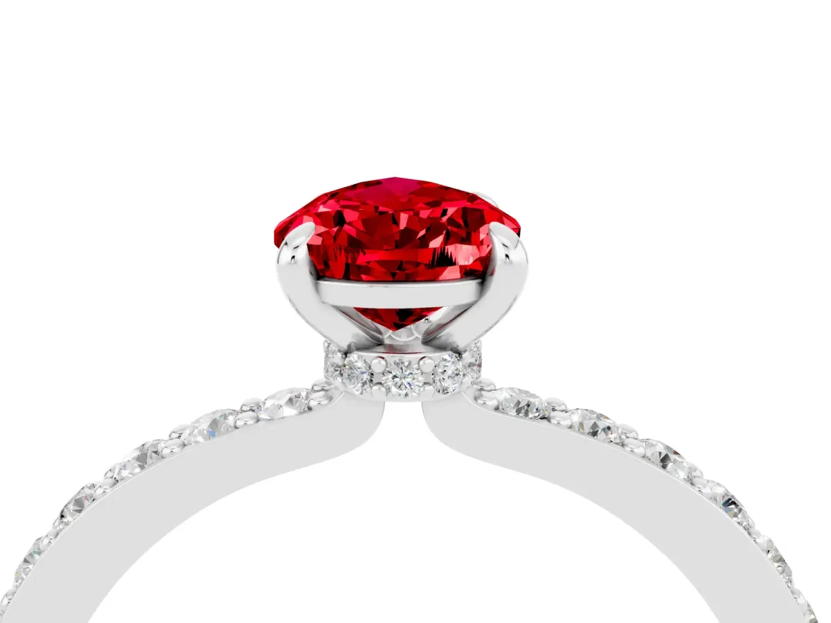 Pear Cut Ruby Solitaire Engagement Ring with Pavé Band and Four-Prong Setting Platinum