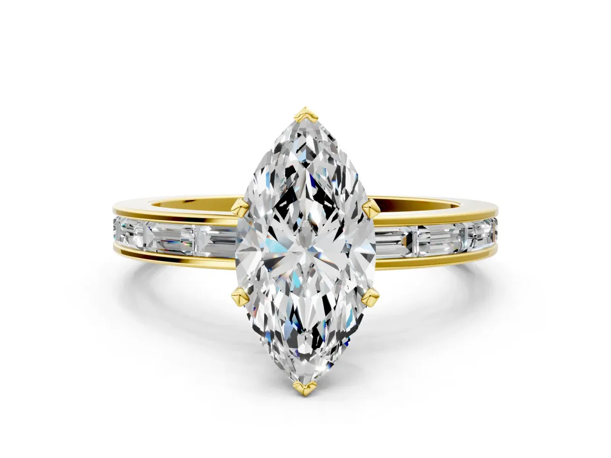 Marquise Cut Solitaire Diamond Ring with Channel-Set Baguette Band and Four-Prong Setting Yellow gold