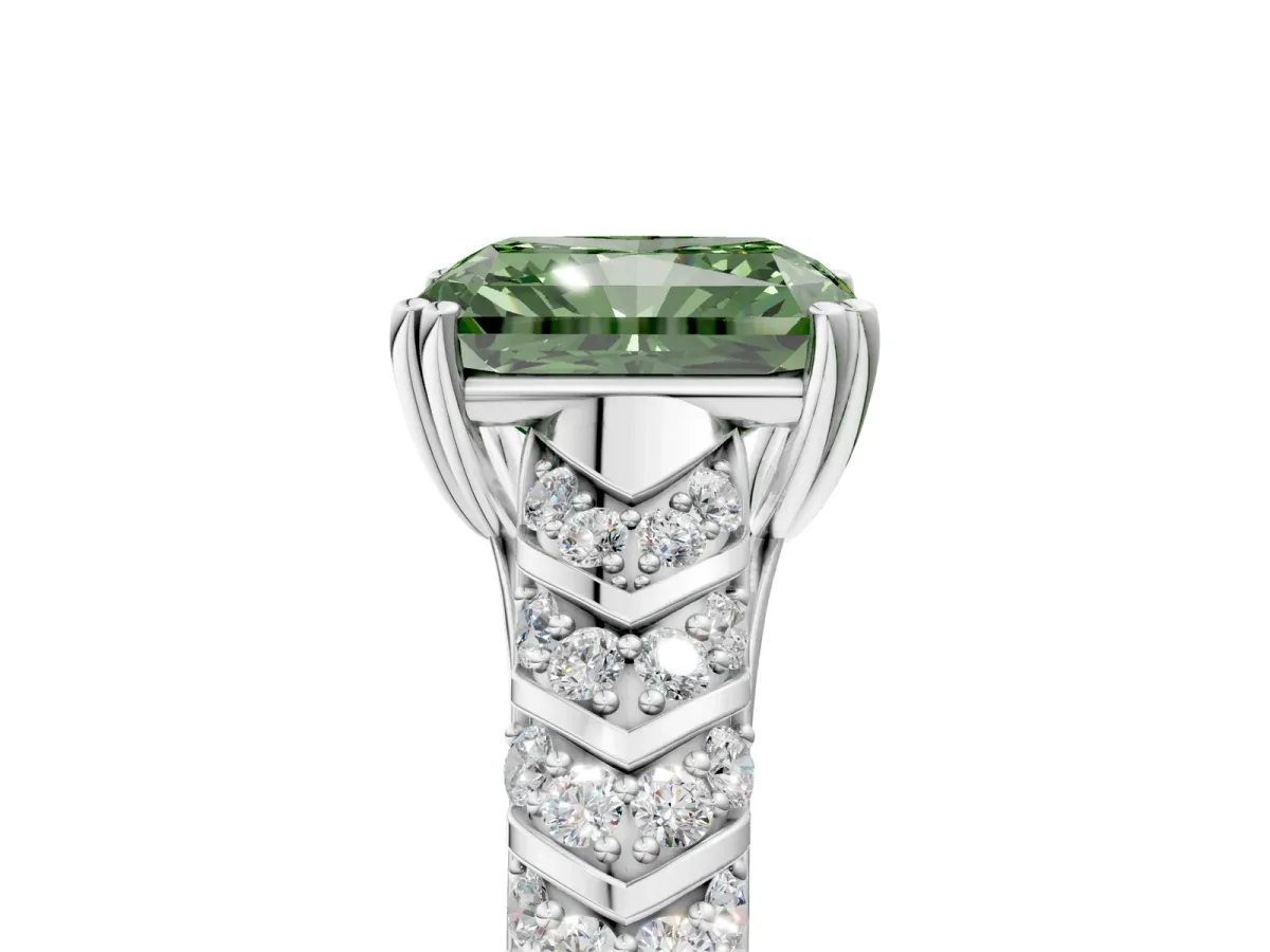 Fancy Green Radiant Cut Solitaire Chevron Pave Diamond Engagement Ring with Six-Prong Setting Platinum