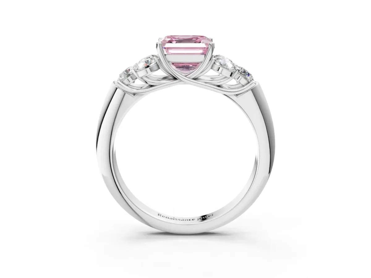 Fancy Pink Asscher Cut Cut Diamond Cluster Ring with Round Accent Stones and Prong Setting on a Classic Band Platinum