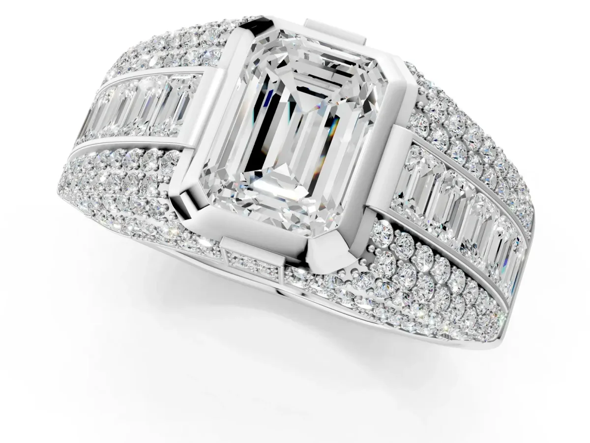 Emerald Cut Diamond Mens Ring with Side Stones White gold