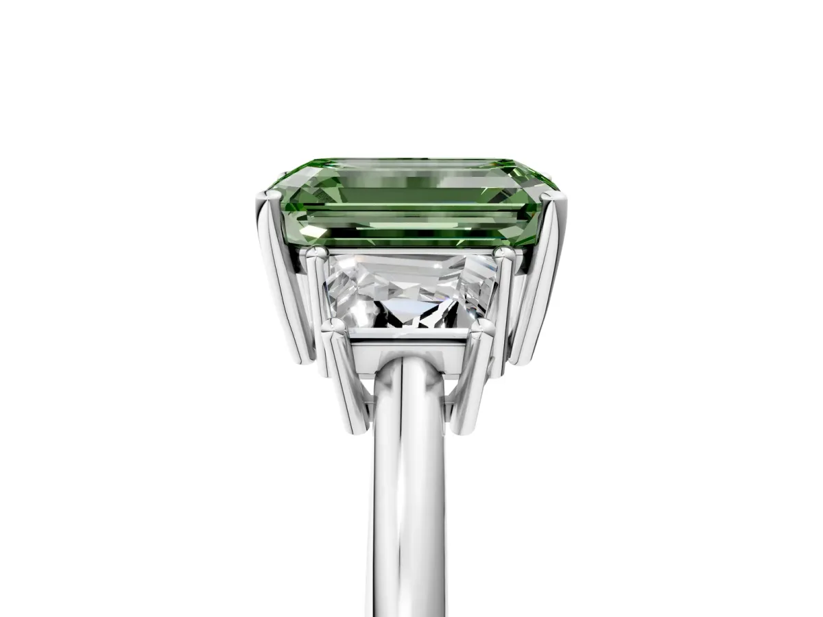 Fancy Green Emerald Cut Diamond Three-Stone Ring with Trapezoid Side Stones and Prong Setting White gold