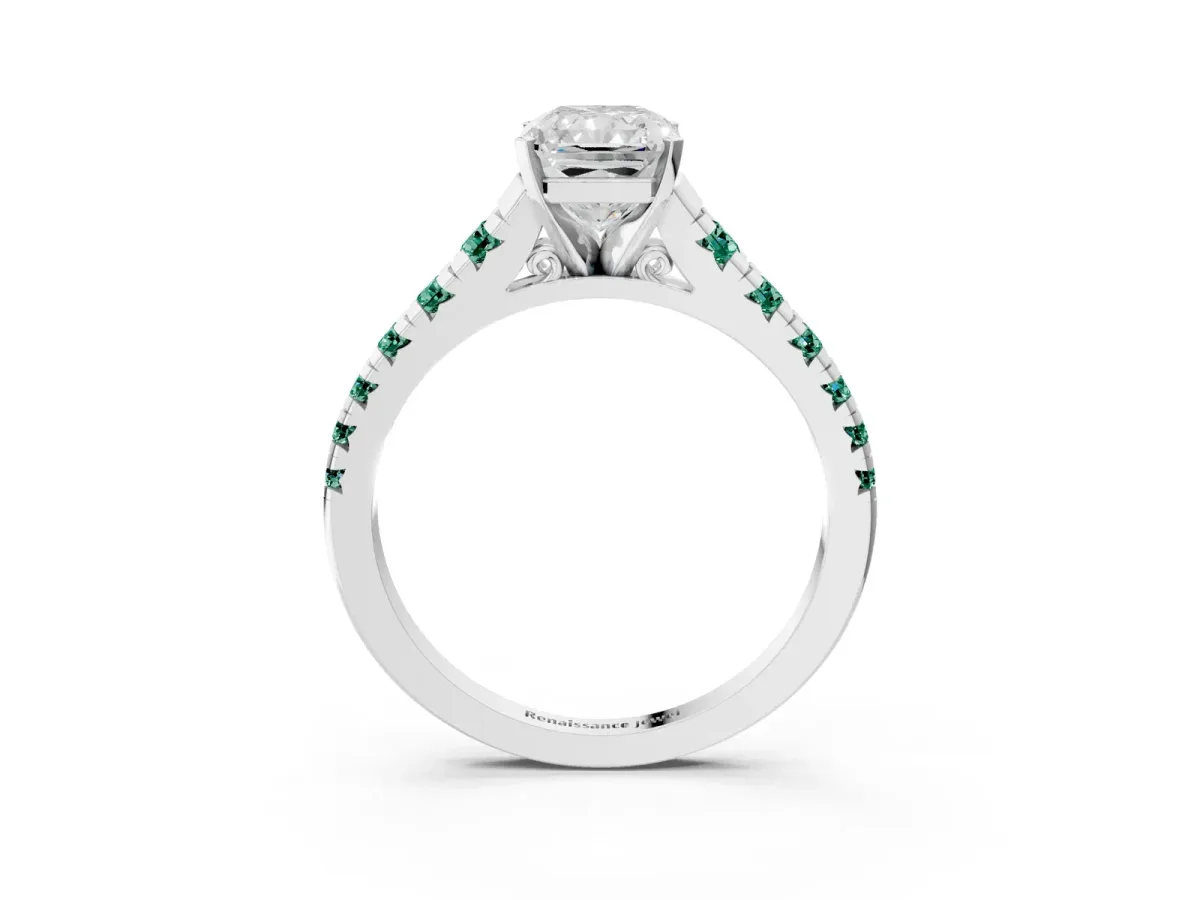 Radiant Cut Diamond Cathedral Solitaire Ring with Round Green Sapphire Pavé Band White gold