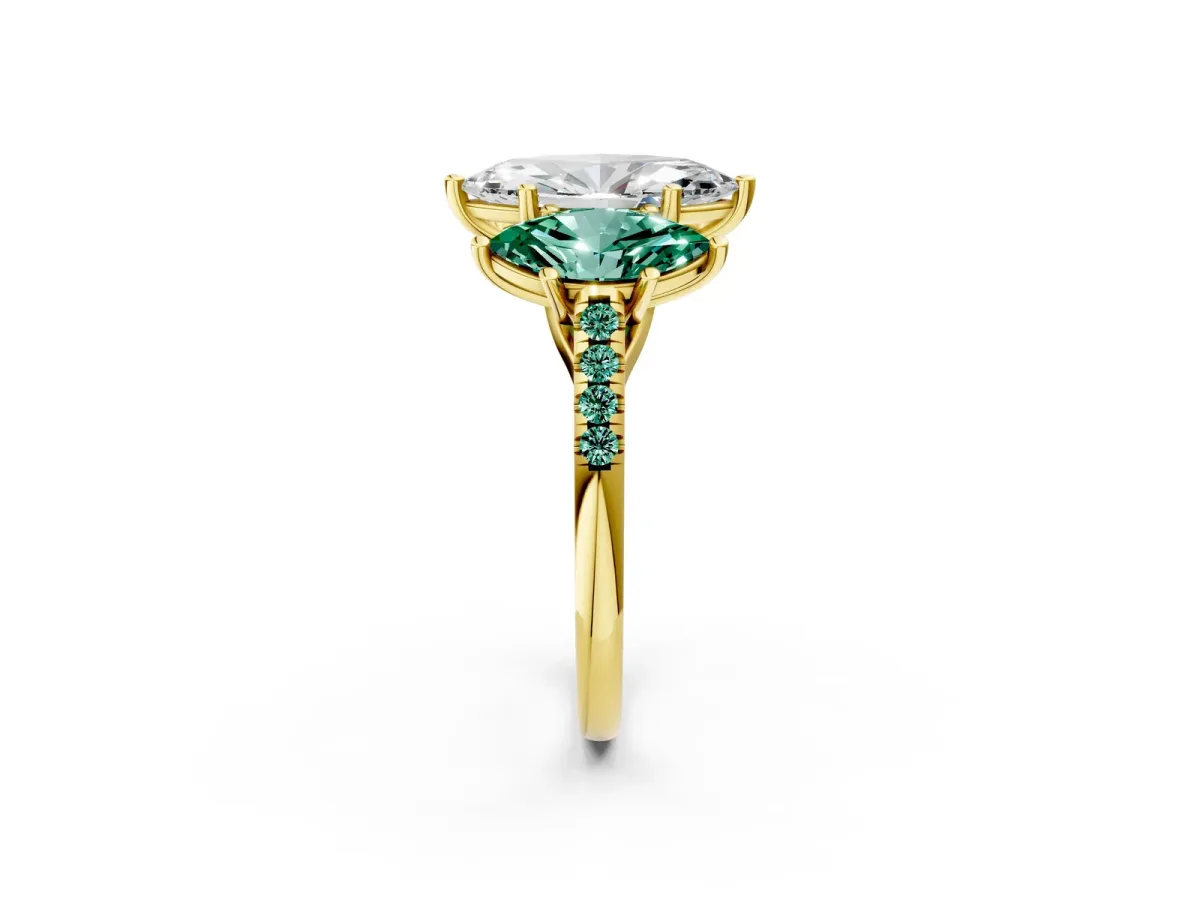 Three-Stone Marquise Cut Diamond Ring with Round Green Sapphire Pavé Band and Prong Setting Yellow gold