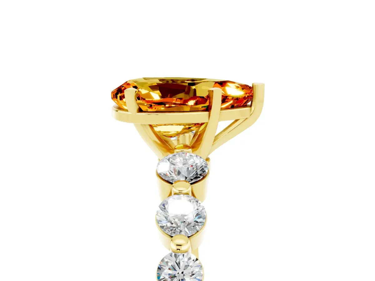 Pear Cut Solitaire Citrine Ring with Pave Band and Four-Prong Setting Yellow gold