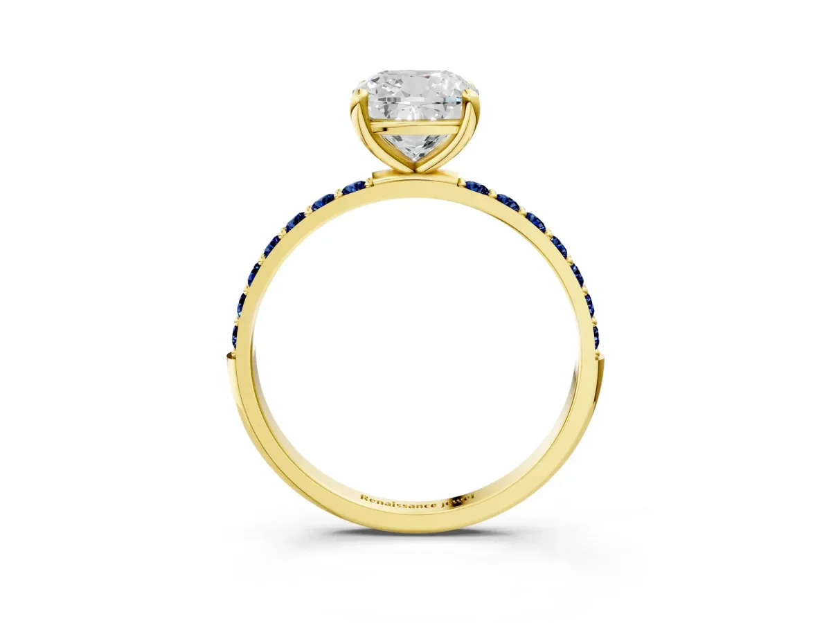 Cushion Cut Diamond Solitaire Ring with Round Blue Sapphire Pavé Band and Prong Setting Yellow gold