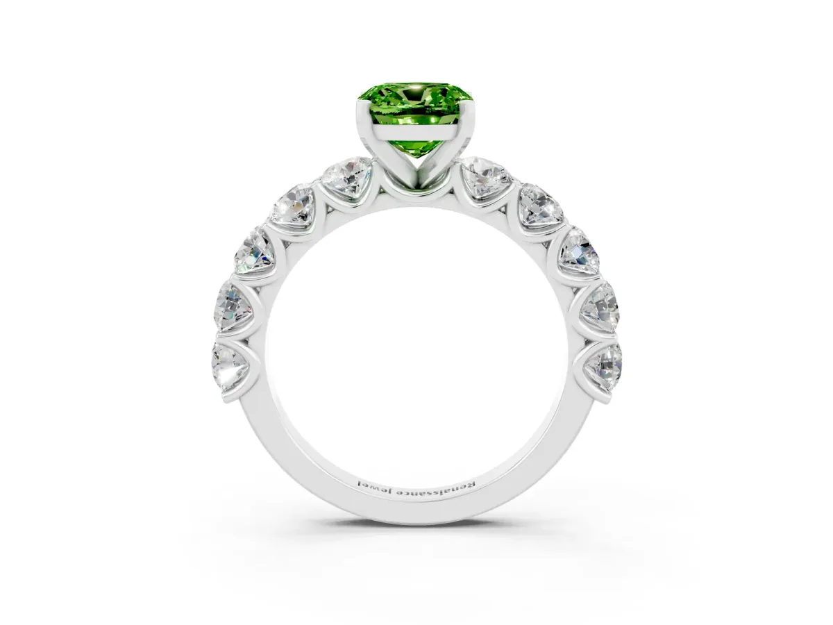 Cushion Cut Peridot Prong Setting with Side Stones on a Pave Band Silver