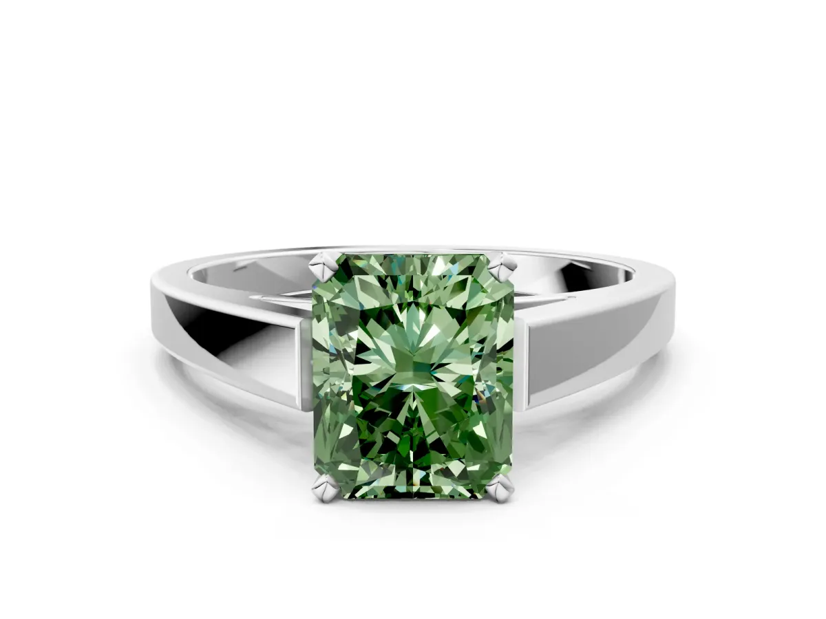 Fancy Green Radiant Cut Solitaire Engagement Ring with Four-Prong Setting and Tapered Band Platinum