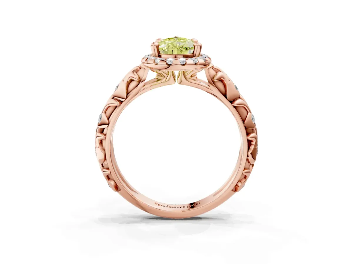 Fancy Yellow Pear Cut Diamond Halo Ring with Filigree Band and Prong Setting Rose gold
